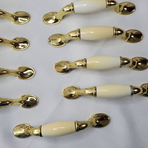 VTG Drawer Pulls 5" Handles Brass White Porcelain Cottage Farmhouse Set Of 11 - Picture 4 of 8